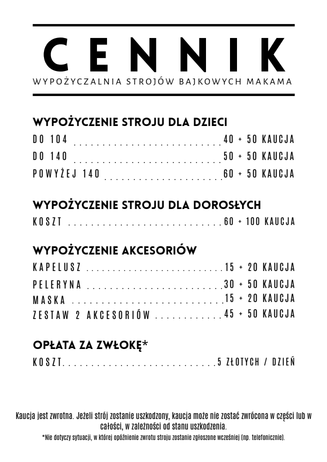 Cennik wypożyczenia stroju